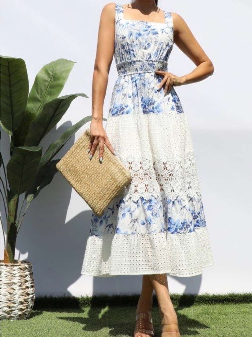 Sleeveless White & Blue Floral Midi Eyelet Dress